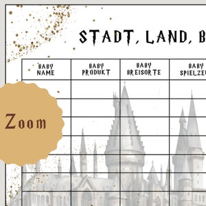May include: A printable baby shower game with a watercolor illustration of a castle. The game is titled "Stadt, Land, Baby" and has columns for baby name, baby product, baby food, and baby toy.