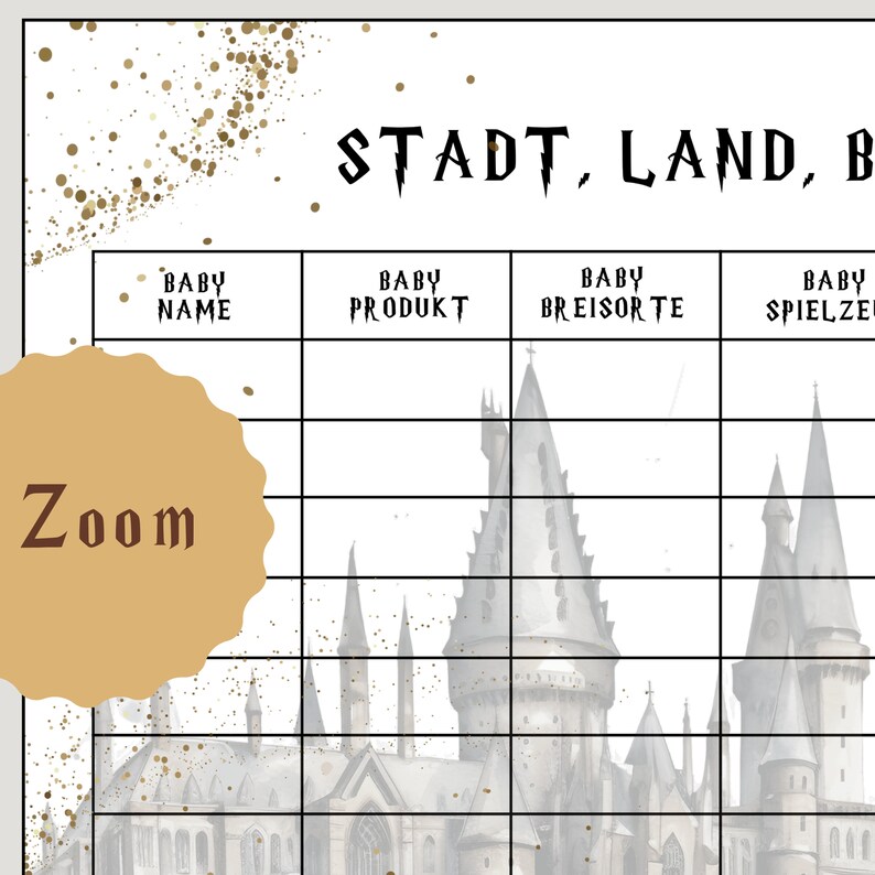 May include: A printable baby shower game with a watercolor illustration of a castle. The game is titled "Stadt, Land, Baby" and has columns for baby name, baby product, baby food, and baby toy.