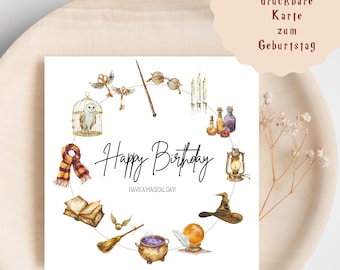 Biglietto d'auguri stampabile HP, procedura guidata magica per biglietti d'auguri, biglietto d'auguri come scavo. Scarica, quadrato di carte stampabili ad acquerello
