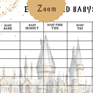 Pu&ograve; includere: Un gioco di baby shower stampabile con un'illustrazione del castello di Hogwarts. Il gioco si chiama "Zoom in on the Baby". I giocatori indovinano il nome del bambino, il prodotto, il tipo di cibo e il giocattolo.