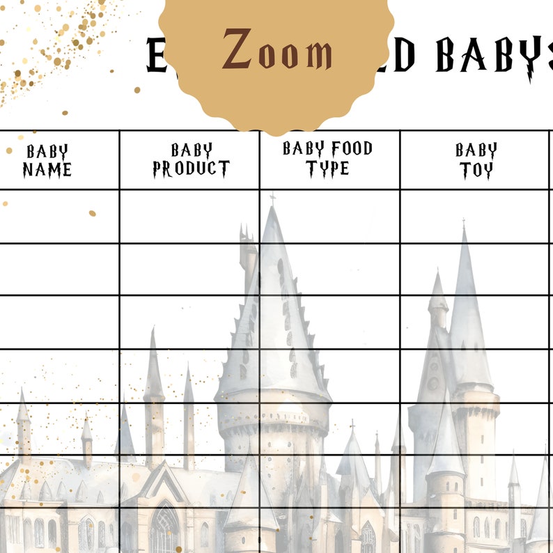 Pu&ograve; includere: Un gioco di baby shower stampabile con un'illustrazione del castello di Hogwarts. Il gioco si chiama "Zoom in on the Baby". I giocatori indovinano il nome del bambino, il prodotto, il tipo di cibo e il giocattolo.