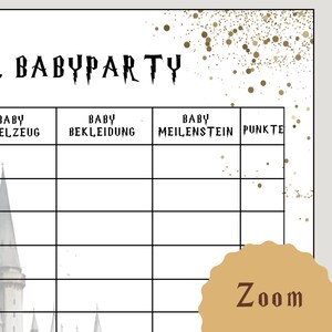 May include: A printable baby shower game with a Harry Potter theme. The game is a bingo card with squares for baby items, such as clothing, milestones, and accessories. The card has a black and white design with a gold glitter background.