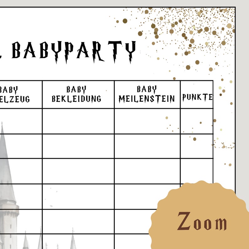 May include: A printable baby shower game with a Harry Potter theme. The game is a bingo card with squares for baby items, such as clothing, milestones, and accessories. The card has a black and white design with a gold glitter background.
