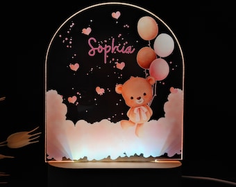 Personalisierte Kinder Lampe mit Holzsockel und Teddybär in den Wolken Individuelle Namenslichtlampe für Kinder personalisiertes Geschenk