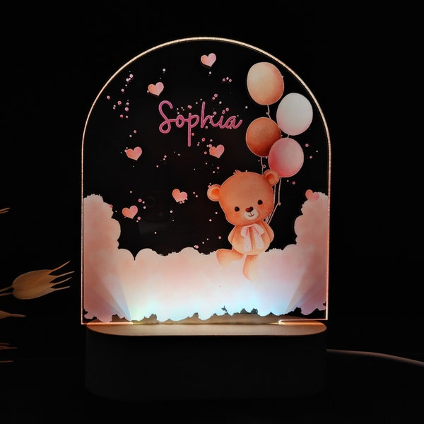 Lampe LED enfant personnalisée avec socle en bois et peluche dans les nuages Lampe lumineuse enfant personnalisée avec prénom, cadeau personnalisé Lampe bébé personnalisée