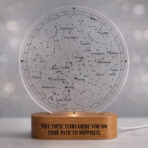 Puede incluir: Un mapa estelar redondo de acrílico transparente, con patrones de estrellas y nombres celestes, iluminado por una base de madera. La base tiene el texto "MAY THESE STARS GUIDE YOU ON YOUR PATH TO HAPPINESS". Un artículo decorativo y educativo.