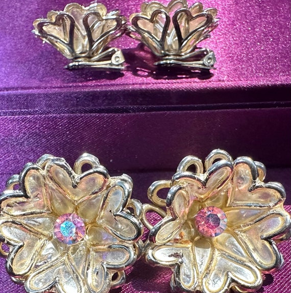 Vintage signed Coro two layer, heart flower earri… - image 1