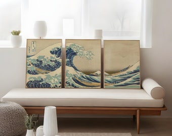 Katsushika Hokusai The Great Wave off Kanagawa 3 Print Set | Antique Japanese Woodblock, Famous Ukiyo-e Wall Art Decor Three Posters