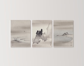Conjunto de 3 impresiones de paisajes silenciados japoneses / Cartel de Suzuki Kiitsu, Arte de pared de árboles de lago de montaña, Pintura de acuarela costera asiática Decoración del hogar