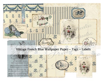 Vintage French Blue Ephemera Printable Collection, Vintage Wallpaper, Antique Hand Drawn Labels, Journal Cards, Junk Journal Supplies