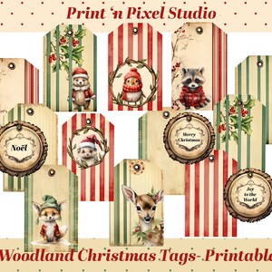 Étiquettes pour cadeaux de Noël Animaux de la forêt Scrapbooking Journal indésirable Éphémères Ours Cerf Hérisson Renard Embellissements Imprimable à téléchargement immédiat