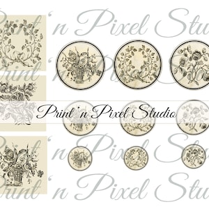 57 pièces éphémères de journal indésirable numérique, motifs floraux anciens de style vintage, cercles et carrés de 2,5 cm et 5 cm, 4 motifs assortis, étiquettes, tags