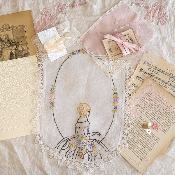 Vintage Embroidery Junk Journal Inspiration Kit, Doily with Lady in Flower Garden, Lace, Ribbons, Buttons, Embossed Paper,Vintage Book Pages