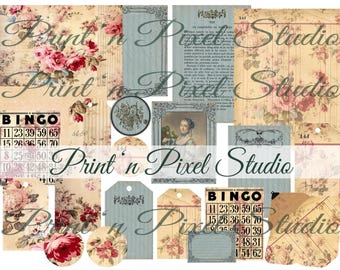 Antique Rose and French Blue Junk Journal Digital Ephemera, French Lady, Tags, Journal Cards, Labels, Envelope, Ledger Paper, Bingo Cards