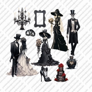 Imágenes prediseñadas de novia gótica elegante, brujas, brujos, esqueletos, místico, boda gótica, Halloween, gótico caprichoso, novia, novio, boda oscura