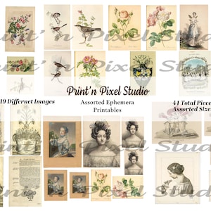 Junk Journal Ephemera Collection Printables, Vintage bloemen, vogels, dames