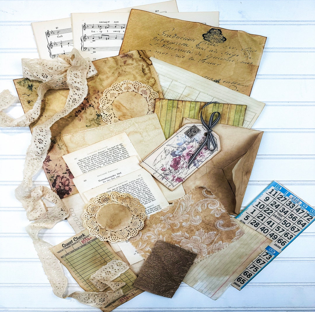 21 Piece Junk Journal Ephemera Pack, Coffee Dyed Papers Grunge, Vintage ...