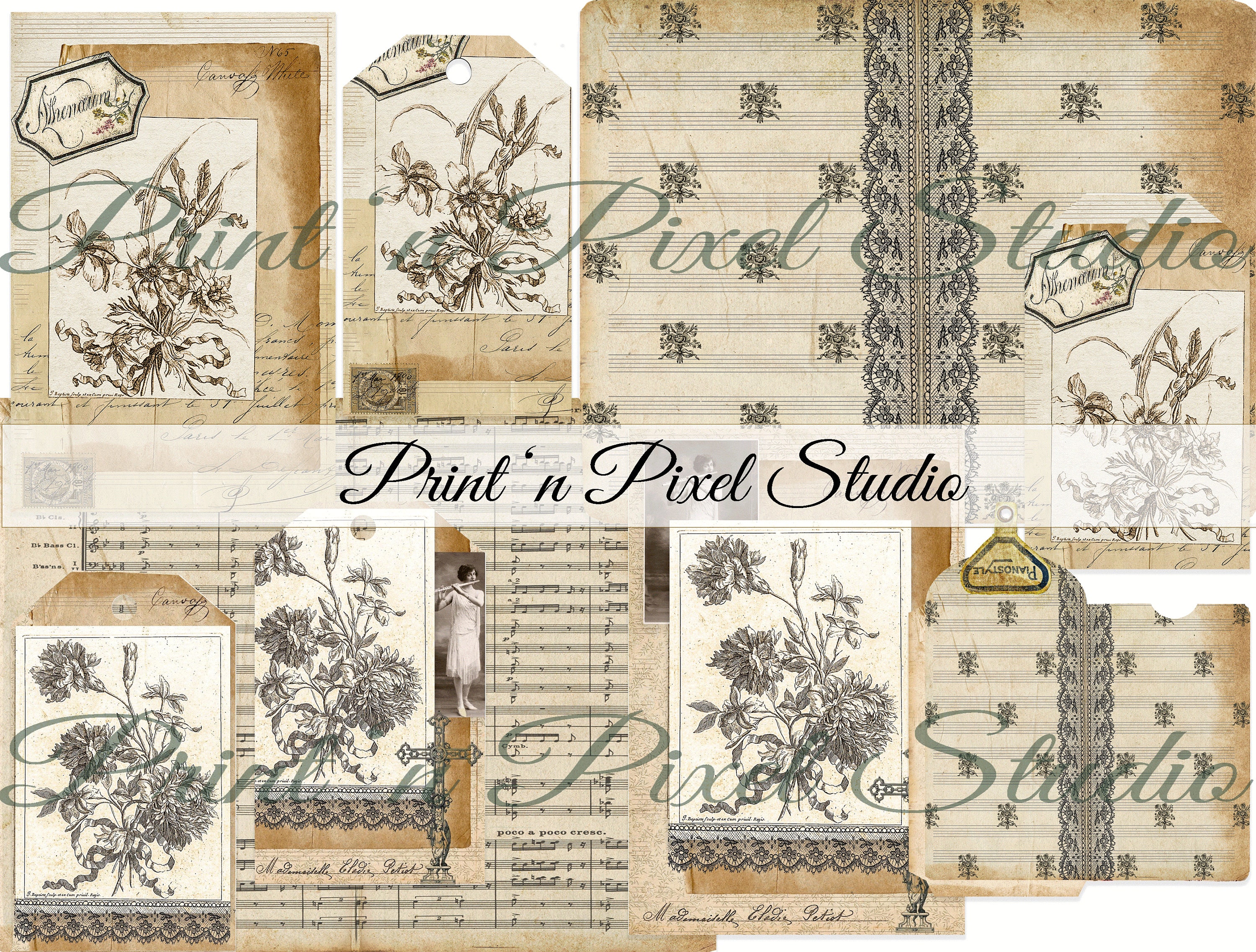 Antique Lace And Floral Junk Journal Ephemera, Tags, Cards, Labels, Seed Packet Envelope, Papers,Antique Style Sepia and Greyscale