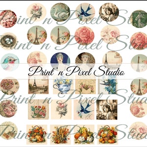 36 kortstondige digitale junkjournalen, diverse vintage-stijlontwerpen, 1" en 2" cirkels en vierkanten, labels, gemengde techniek, collage, sieraden