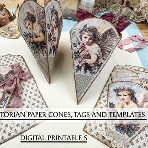May include: A collection of Victorian paper cones, tags, and templates. The image shows heart-shaped and cone-shaped paper cones with angel illustrations and decorative borders. A pink ribbon and the text "Victorian Paper Cones, Tags and Templates" and "Digital Printable S" are also visible.