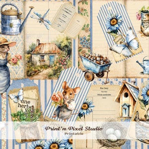 Dans Mon Jardin ~ French Country Garden para impressão, download digital, Junk Journal Kit, charmoso e caprichoso, azul francês