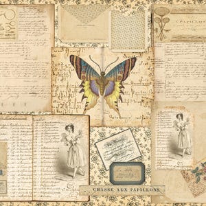 Antike französische Schmetterlingsjagd - Chasse Aux Papillons Junk Journal Ephemera, Tags, Karten, Etiketten, Umschlag, Papiere, Fussy Cuts, Taschen