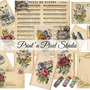 Collection imprimable vintage Floral Ephemera, téléchargement numérique, journal indésirable, techniques mixtes, fabrication de cartes