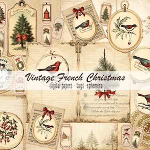 Vintage French Christmas - Druckbare Sammlung - Digitaler Download - Digitale Papiere - Tags - Ephemera für Journaling und Kunst