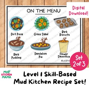 Könnte beinhalten: Ein druckbares Diagramm mit einer bunten Speisekarte für Rezepte aus der Matschküche. Die Speisekarte umfasst Erdpizza, Grassalat, Rindenkekse, Rindenpudding, Löwenzahntorte und Blumensmoothie. Das Diagramm ist mit "Auf der Speisekarte" und "Set 2 von 3" beschriftet.
