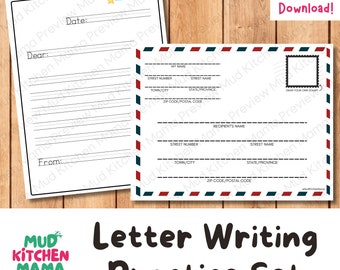 May include: Printable letter writing practice set with a blank letter template and a blank envelope template. The envelope template has lines for the recipient's name, street address, city, state, and zip code. The letter template has lines for the date, dear, from, and a large area for writing a letter.
