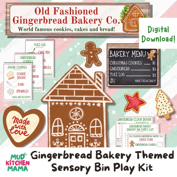 Gingerbread Bakery Sensory Bin, Christmas Theme Pretend Play Kit, Creative Learning Activities for Homeschool, Preschool and Montessori