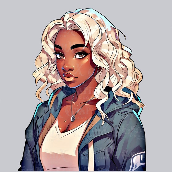 Anime-Inspired Brown-Skinned Blonde Hair Beauty: A Digital Masterpiece | Black Girl Clipart | Sticker | Notebook | Afro Comic | Sublimation