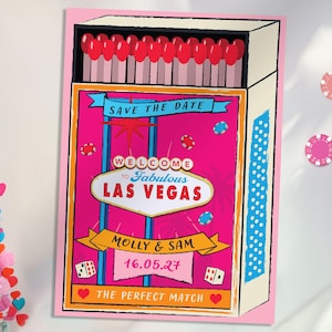 May include: A vibrant save-the-date card with a Las Vegas theme, designed to look like a matchbox. The card features the text "SAVE THE DATE" and "WELCOME to Fabulous LAS VEGAS". It also includes the names "MOLLY & SAM" and the date "16.05.27".