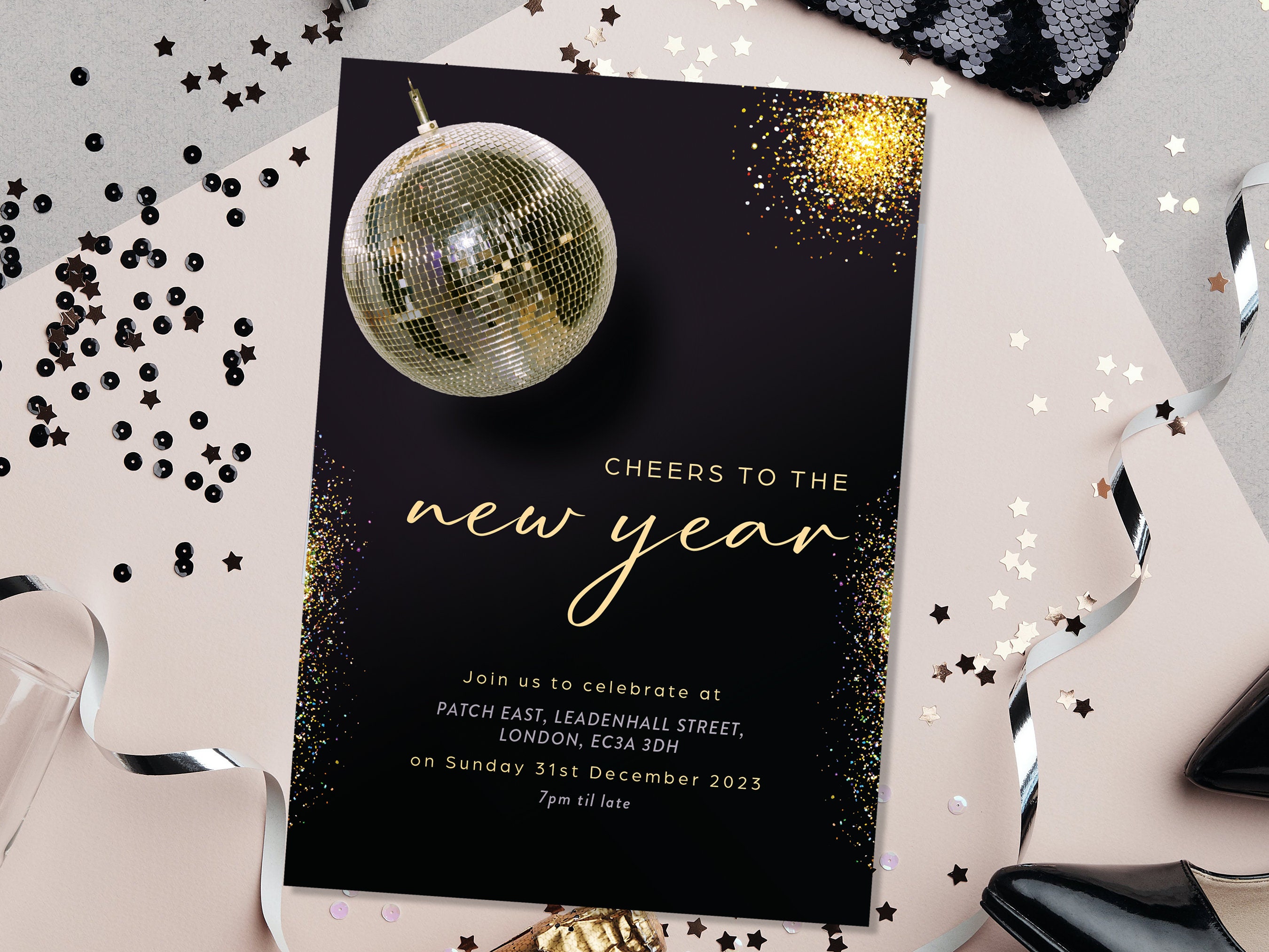 NYE Party Invitation "Disco Glitz NYE"  | Customisable | Digital Download | Party Disco New Year's Eve Festive Invitation | Gold Glitter