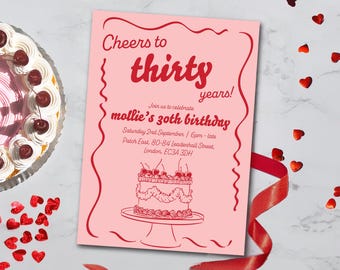 30th Birthday Invitation "No Frills" | Customisable | Digital Download | Retro Bold Pink & Red Hand Drawn | Editable | Printable and Digital