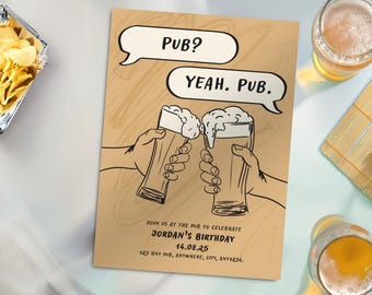 Pub Birthday Invitation: Funny Beer Party, Customizable (Digital Download PDF Files)