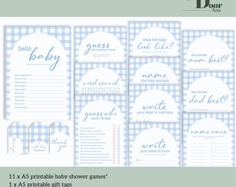 Paquete de juegos para baby shower con cuadros azules: Trivial imprimible (descarga digital)