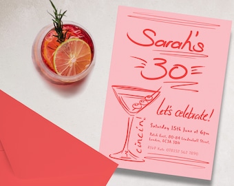 30th Birthday Invitation: Retro Martini, Pink & Red (Digital Download)