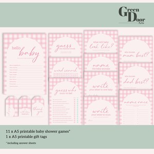 Baby Shower Party Game Bundle &quot;Pink Gingham&quot; | Printable Modern Baby Shower Trivia Games | Hello Baby Pink Theme Party Digital Download