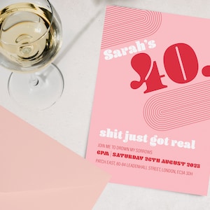 Zaproszenie na 40. urodziny „Retro Love Affair” | Możliwość dostosowania | Pobieranie cyfrowe | Retro Bold Pink and Red Typography | Do druku i w wersji cyfrowej