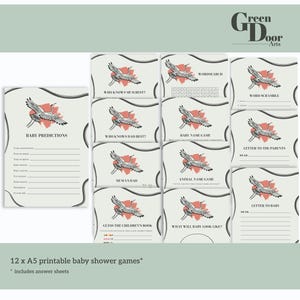 May include: A collection of 12 A5 printable baby shower games. Each card features a crane illustration with a red and white color scheme. Games include "Baby Predictions", "Wordsearch", and "Letter to the Parents". Answer sheets are included.