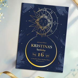 Birthday Party Invitation &quot;Celestial Glow&quot; | Gold Moon & Stars Party Invite | Elegant Astrology Party Starry | Printable Digital Download