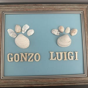 2 Dog Paw Prints Beach Sea Shell Art Pet Memorial Personalized & Handmade on 8x10 Wood Frame. Free Shipping