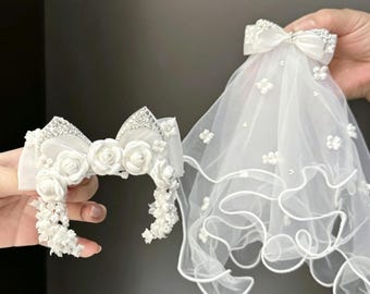 Pet Wedding Outfit, Floral Bridal Pet Hair Bow & Veil Set