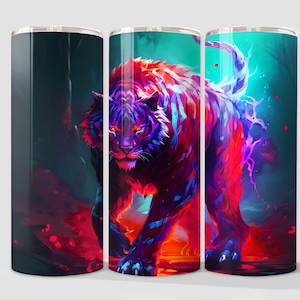 Glowing Tiger - Neon Veelkleurig - 20 oz Skinny Tumbler Wrap - Recht & taps toelopend sublimatieontwerp - Digitale download PNG