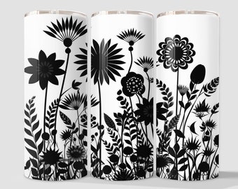 Black and White Floral Tumbler Wrap – Seamless Sublimation Design (Digital Download PNG)