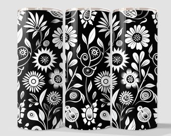 Floral Tumbler Wrap - Black and White Flower Garden Design (Digital Download)