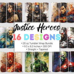 Justice Heroes Bundle - 16 Designs - 20 oz Skinny Tumbler Wrap - Straight & Tapered Sublimation Design - Digital Download PNG
