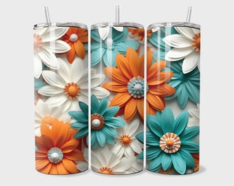 Floral 3D Tumbler Wrap - Weiß Orange Teal Blumen, Nahtlos (Digitaler Download PNG)