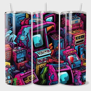 Gaming Arcade - 20 oz Skinny Tumbler Wrap - Straight & Tapered Sublimation Design - Digital Download PNG - Seamless